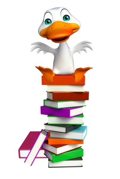 Lindo personaje de dibujos animados de pato con pila de libros — Foto de Stock