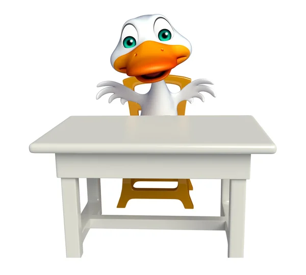 Divertido personagem de desenho animado Pato com mesa e cadeira — Fotografia de Stock