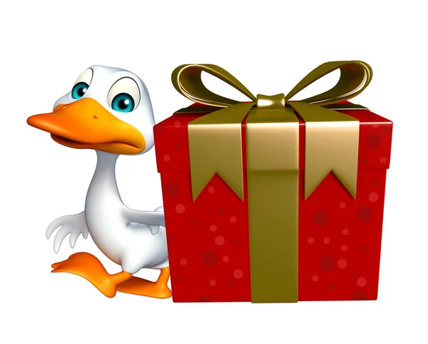 Divertido personaje de dibujos animados de pato con caja de regalo —  Fotos de Stock