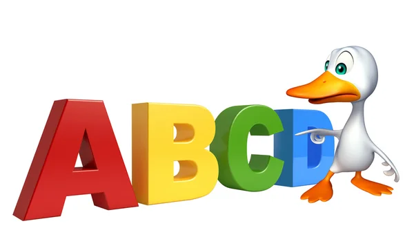 Lindo personaje de dibujos animados de pato con signo ABCD — Foto de Stock