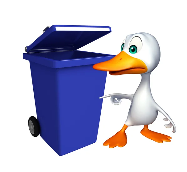Pato personaje de dibujos animados con cubo de basura — Foto de Stock