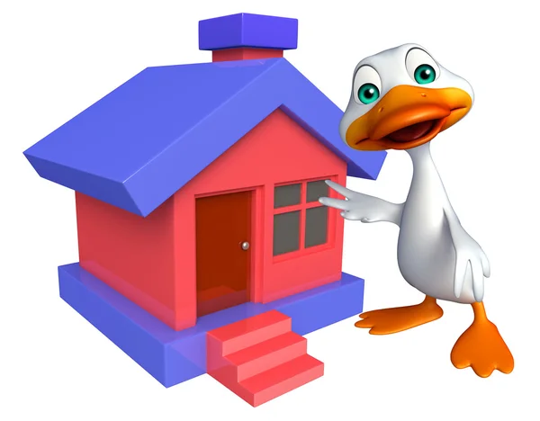 Diversão pato personagem dos desenhos animados com casa — Fotografia de Stock