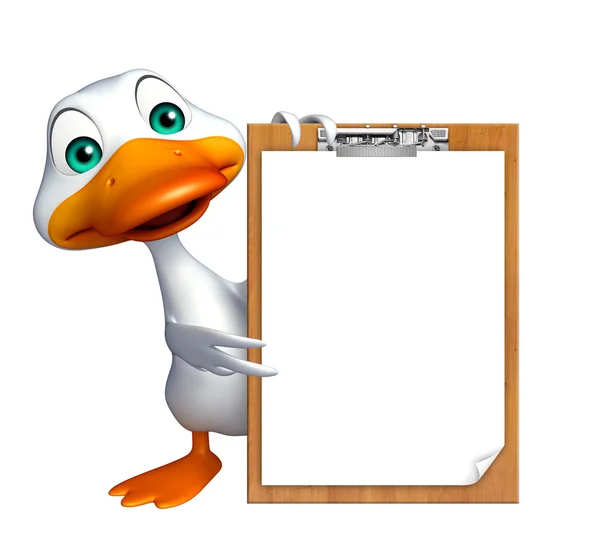 Lindo personaje de dibujos animados de pato con almohadilla de examen — Foto de Stock