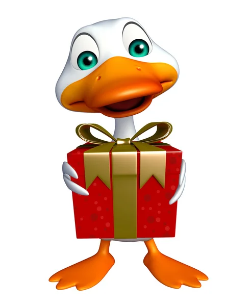 Divertido personaje de dibujos animados de pato con caja de regalo —  Fotos de Stock