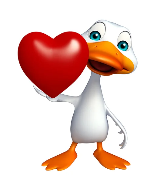 Eğlenceli Duck çizgi film karakteri ile kalp — Stok fotoğraf