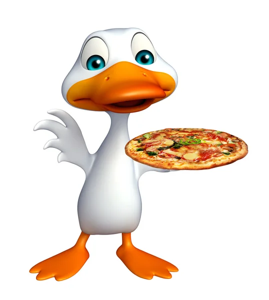Lindo personaje de dibujos animados de pato con pizza — Foto de Stock