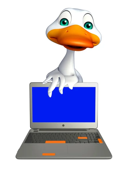 Divertido personaje de dibujos animados de pato con portátil —  Fotos de Stock