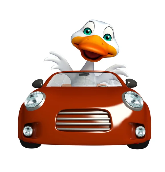 Divertido Pato personagem dos desenhos animados com carro — Fotografia de Stock