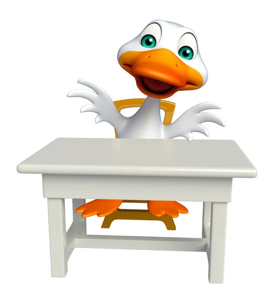 Διασκεδαστικό χαρακτήρα κινούμενα σχέδια πάπια με τραπέζι και καρέκλα — Φωτογραφία Αρχείου