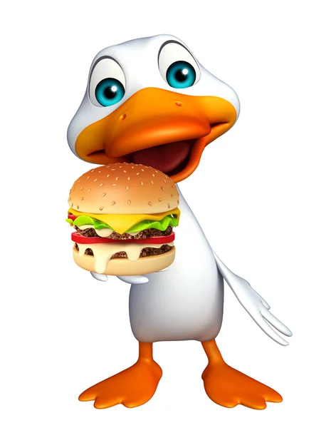 Divertido personaje de dibujos animados de pato con hamburguesa — Foto de Stock