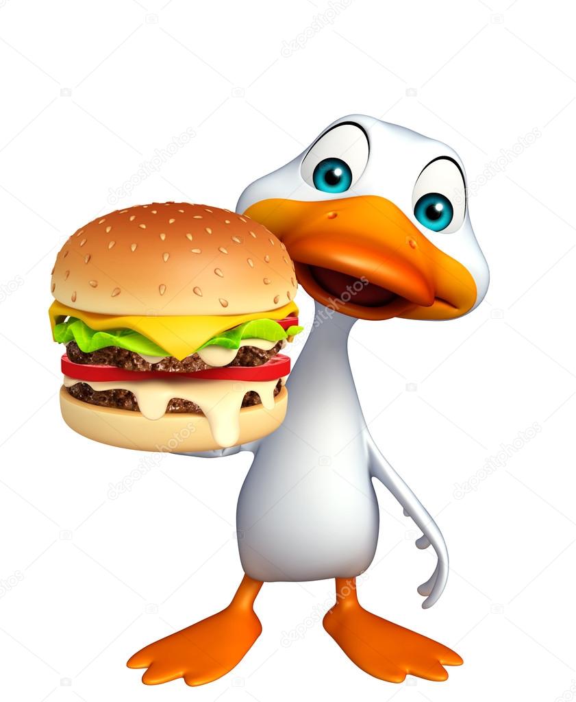 fun  Duck cartoon character with burger 