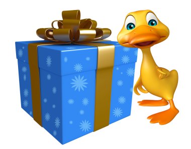 Ördek çizgi film karakteri ile hediye kutusu  