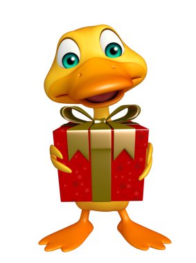 Ördek çizgi film karakteri ile hediye kutusu  