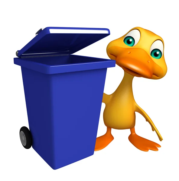 Amusant personnage de dessin animé Canard avec poubelle — Photo