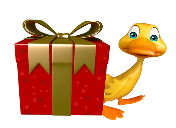 Ördek çizgi film karakteri ile hediye kutusu — Stok fotoğraf