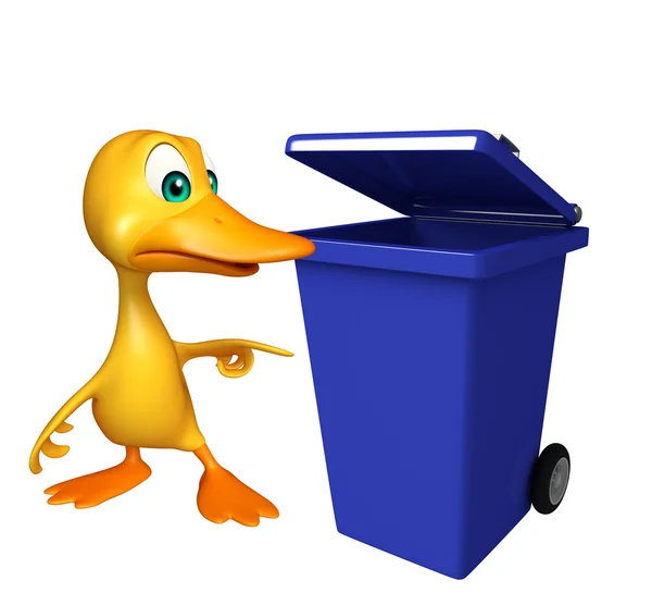 Fun Duck cartoon character with dustbin — Stock Photo, Image