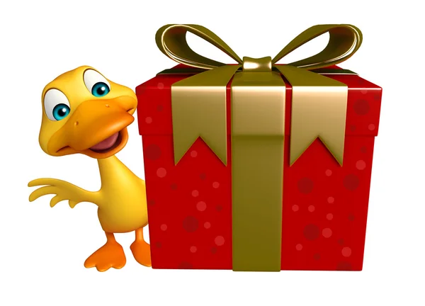 Pato personagem de desenho animado com caixa de presente — Fotografia de Stock