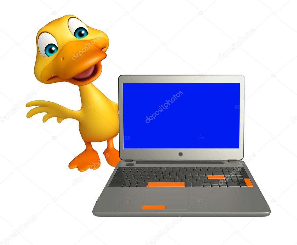 Fun Duck Cartoon Character With Laptop Stock Photo C Visible3dscience