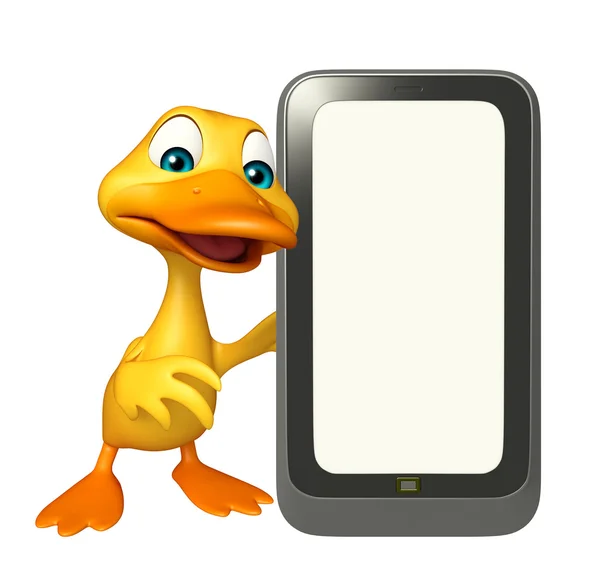 Divertido personaje de dibujos animados de pato con móvil — Foto de Stock