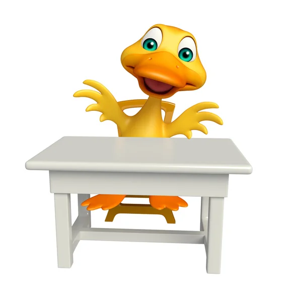 Pato personagem de desenho animado com mesa e cadeira — Fotografia de Stock