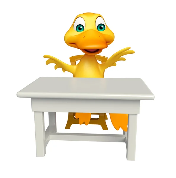Pato personaje de dibujos animados con mesa y silla —  Fotos de Stock