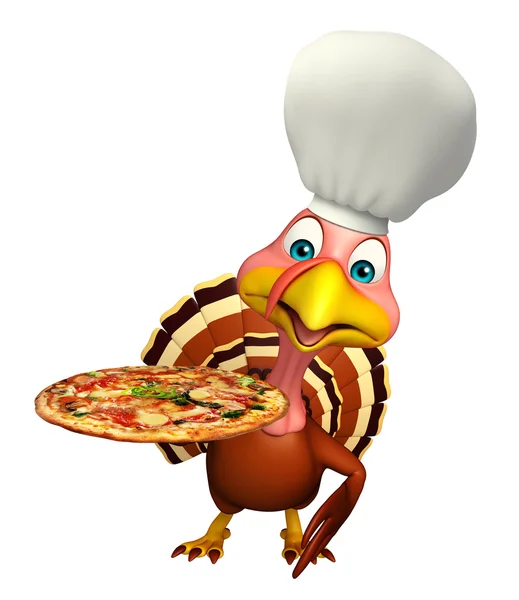 Turkey cartoon character  with chef hat and pizza — Stock Photo, Image
