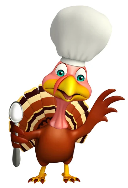 Turquía personaje de dibujos animados con sombrero de chef y cucharas —  Fotos de Stock