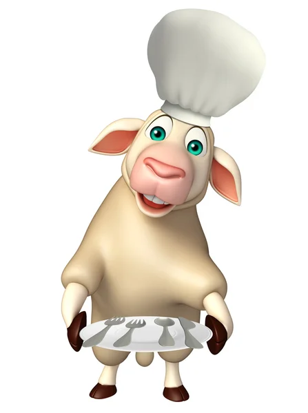 Ovce kreslená postava s kuchař klobouk a večeře deska — Stock fotografie