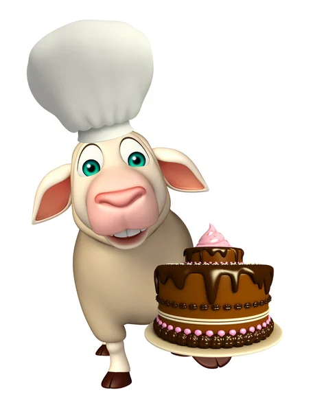 Вівця мультяшний персонаж з капелюхом шеф-кухаря і торта — стокове фото
