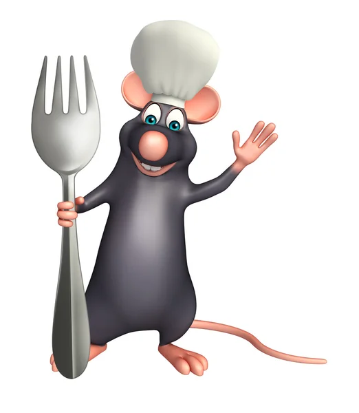 Rat kreslená postava s kloboukem šéfkuchaře a lžíce — Stock fotografie