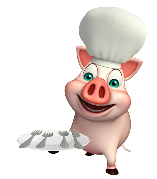 Свиной мультяшный персонаж в шляпе шеф-повара и тарелке — стоковое фото