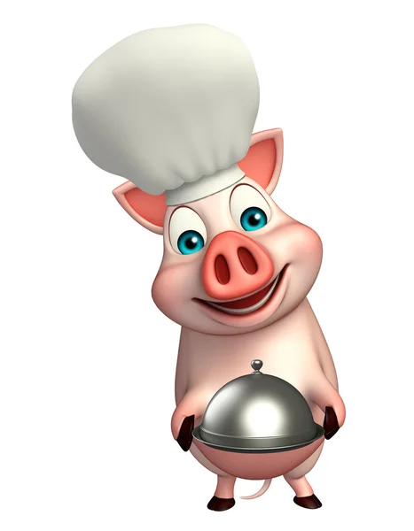 Prase kreslená postava s kloboukem šéfkuchaře a cloche — Stock fotografie