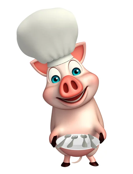 Свиной мультяшный персонаж в шляпе шеф-повара и тарелке — стоковое фото