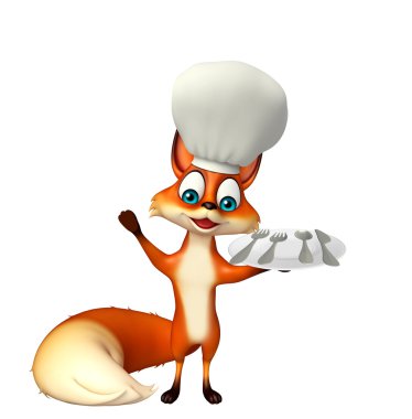 Fox chef şapka ve yemek tabağı ile karakter karikatür