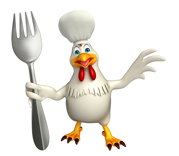 Personaje de dibujos animados de gallina con sombrero de chef y cucharas — Foto de Stock