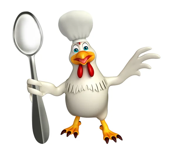 Personaje de dibujos animados de gallina con sombrero de chef y cucharas —  Fotos de Stock