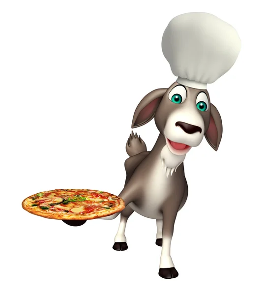 Κατσίκα χαρακτήρα κινουμένων σχεδίων με καπέλο του σεφ και πίτσα — Φωτογραφία Αρχείου