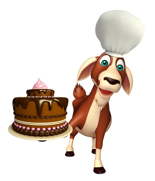 Козячий мультяшний персонаж з капелюхом шеф-кухаря та тортами — стокове фото