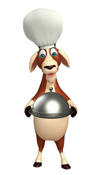 Goat cartoon character  with chef hat and cloche — Stock Photo, Image