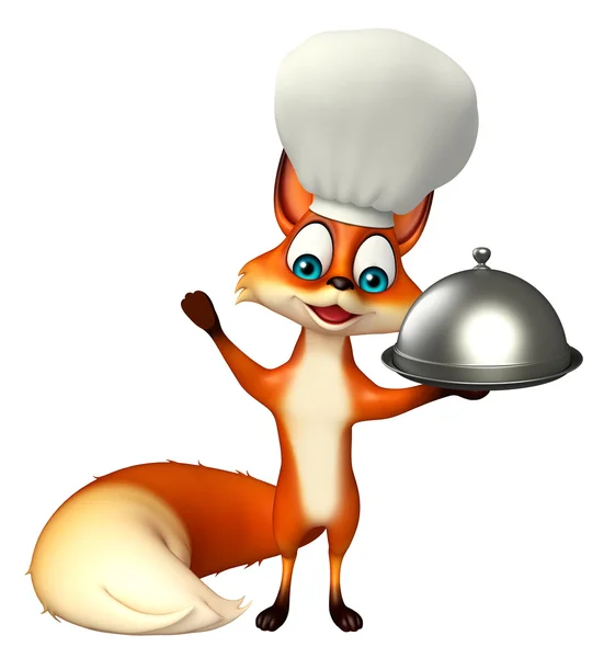 Fox cartoon character with chef hat and cloche — Stock Photo, Image