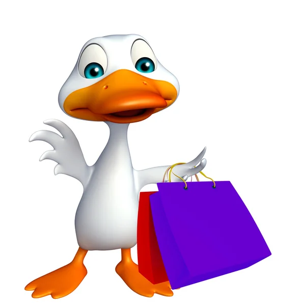 Pato personaje de dibujos animados con bolsa de compras —  Fotos de Stock