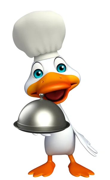 Duck cartoon character with chef hat and cloche — Stock Photo, Image