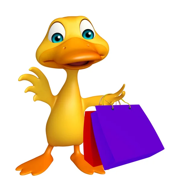 Pato personaje de dibujos animados con bolsa de compras —  Fotos de Stock