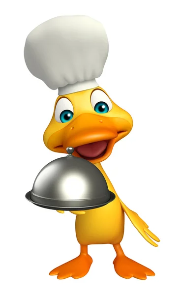 Kachna cartoon charakter s kloboukem šéfkuchaře a cloche — Stock fotografie