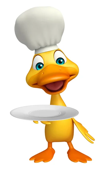 Kachna cartoon charakter s kuchař klobouk a večeře deska — Stock fotografie