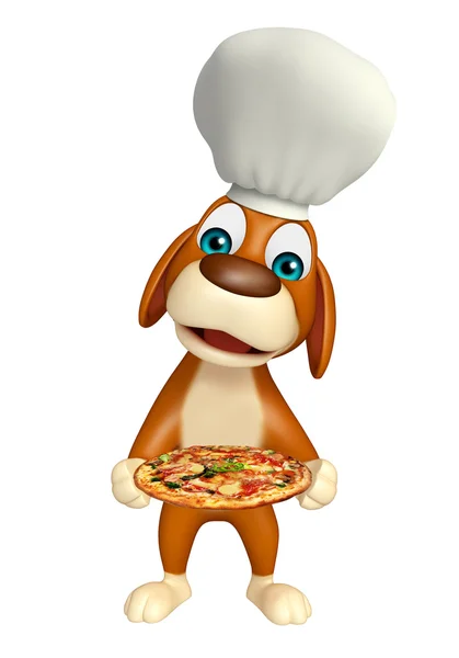 Мультфильм про собаку с шляпой повара и пиццей — стоковое фото