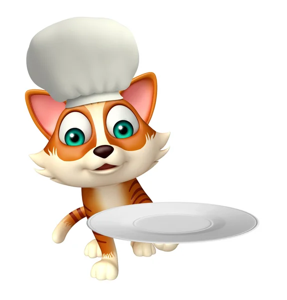 Personaje de dibujos animados gato con sombrero de chef y plato de cena —  Fotos de Stock