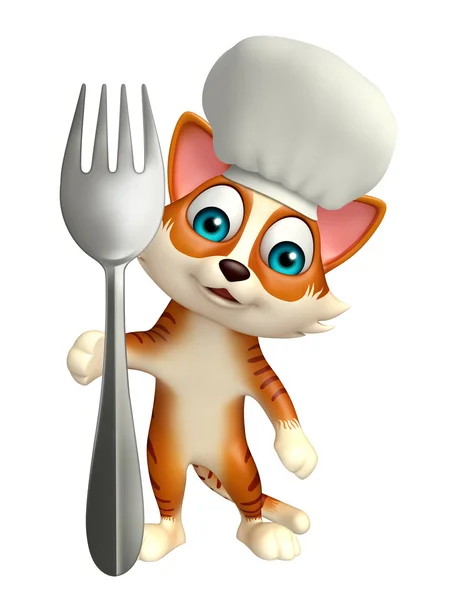 Personaje de dibujos animados gato con sombrero de chef y cucharas —  Fotos de Stock