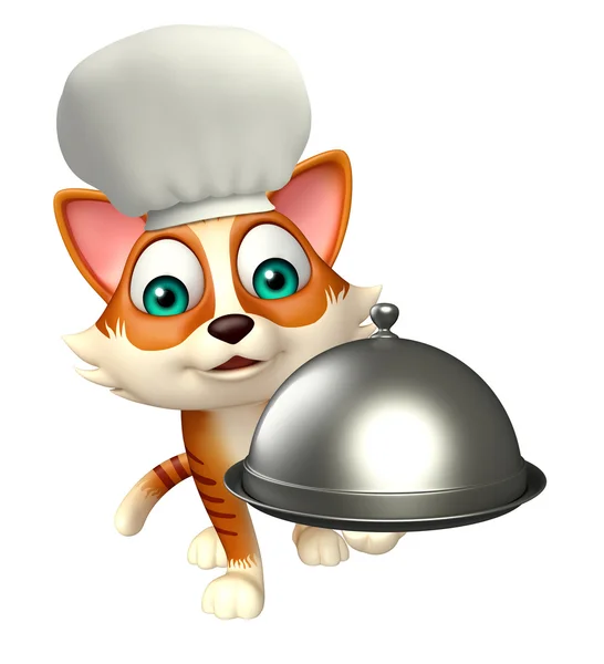 Cat cartoon character with chef hat and cloche — Stock Photo, Image