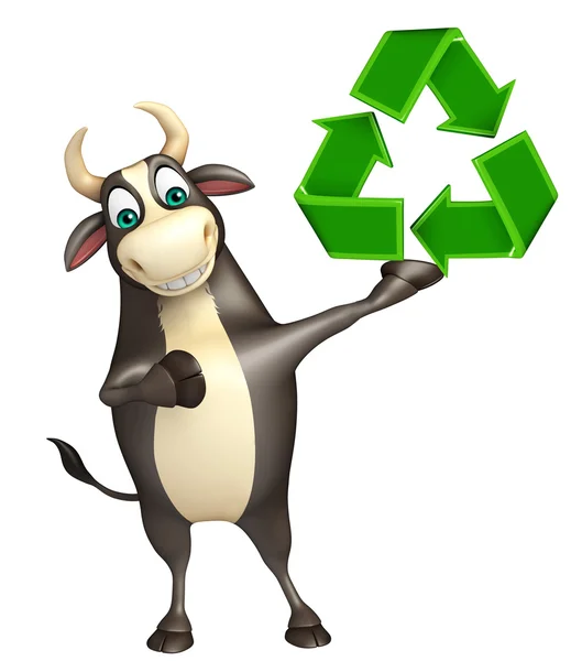 リサイクル サインと牛漫画のキャラクター — ストック写真